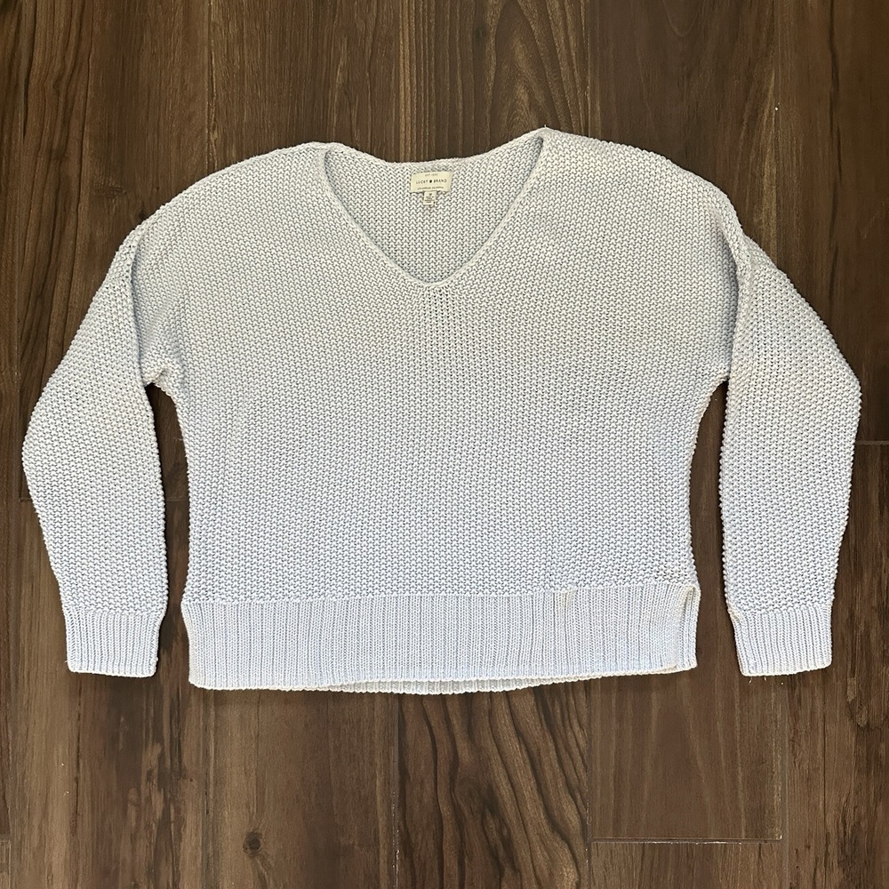 Lucky Brand Womens Light Blue V-Neck Garter Stitch‎ Cotton Blend Sweater Medium